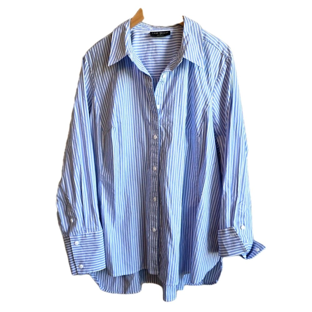 Lane Bryant Sz 24 Blue White Vertical Stripe Button Up Shirt Trendy Preppy...